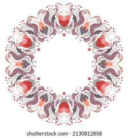 Borde de círculo vectorial con adorno floral vintage suave. Marco redondo barroco tenso con flores y follaje en tonos pastel. Plantilla de damasco de lujo en estilo plano para tarjeta e invitación