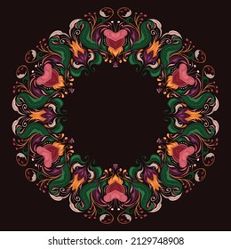 Borde de círculo vectorial con ornamento floral vintage. Marco redondo barroco con flores y follaje sobre un fondo oscuro. Plantilla de damasco de lujo en estilo plano para tarjeta e invitación