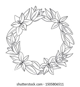 vector circle border wreath lily flowers leaves elements set coloring book on white