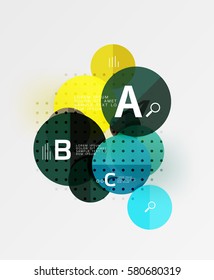 El círculo vectorial burbuja el fondo geométrico moderno con el diseño de letras de opción. Fondo de plantilla de vector para diseño de flujo de trabajo, diagrama, opciones de número o diseño web