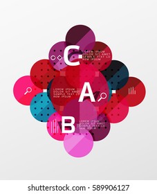 El círculo vectorial burbuja el fondo geométrico moderno con el diseño de letras de opción. Fondo de plantilla de vector para diseño de flujo de trabajo, diagrama, opciones de número o diseño web