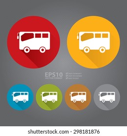Vector : Circle Bus, School Bus, Bus Stop, Bus Station Flat Long Shadow Style Icon, Label, Sticker, Sign or Banner 