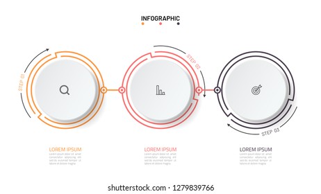 Vector circle business process step. Timeline infographics with 3 options. Can be used for workflow diagram, info chart, graph, presentation.