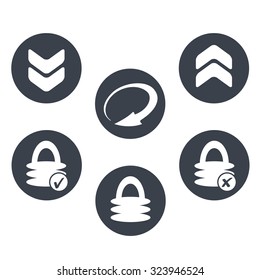 Vector circle buttons with symbol of arrow and padlock - sign of download, reload, upload and security