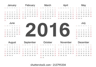 Vector circle calendar 2016. Week starts from Sunday.