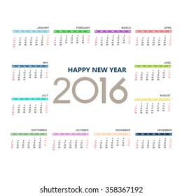 Vector circle calendar 2016. Week starts from Sunday.