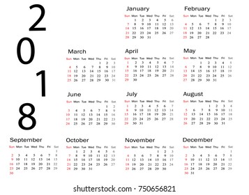 Vector circle calendar 2018. Week starts from Sunday.