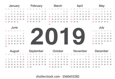 Vector circle calendar 2019. Week starts from Sunday.
