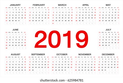 Vector circle calendar 2019,  Week starts from Sunday