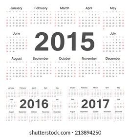 Vector circle calendars 2015, 2016, 2017. Week starts from Sunday.