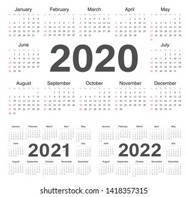 Vector circle calendars 2020, 2021, 2022. Week starts from Sunday.
