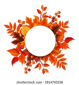 Vector circle card with orange autumn leaves.