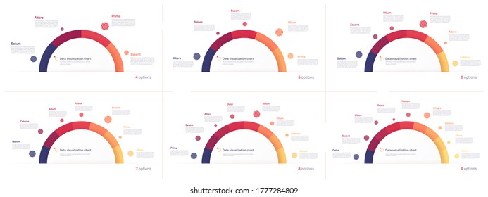 Vector circle chart designs, modern templates for creating infographics, presentations, reports, visualizations.