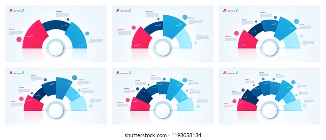 Vector circle chart designs, templates for creating infographics, presentations, reports, visualizations. 3 4 5 6 7 8 options.