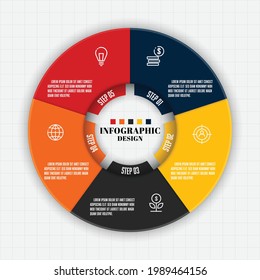 Gráfico de círculo vectorial Plantilla de diagrama de negocio con el paso de icono 5.