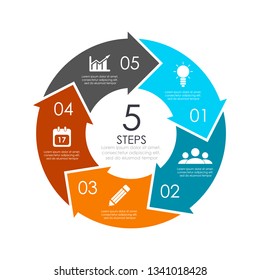 Vector Circle Chart Infographic Template With Arrow For Cycle Diagram, Graph, Web Design. Business Concept With 5 Steps Or Options. Abstract Background.