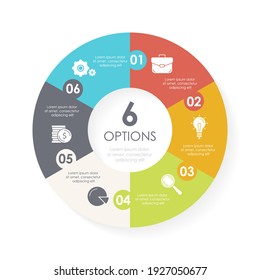 Vector circle chart infographic template for round diagram, graph, web design. Puzzle business concept with 6 steps, options or processes. Abstract background.