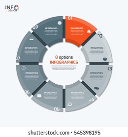 Vector circle chart infographic template with 8 options for presentations, advertising, layouts, annual reports.