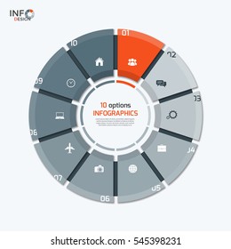Vector circle chart infographic template with 10 options for presentations, advertising, layouts, annual reports.