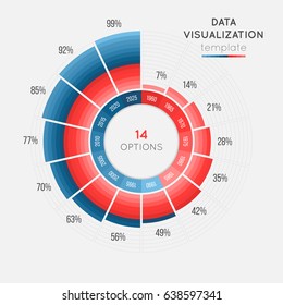 Vector circle chart infographic template for data visualization with 14 parts. 