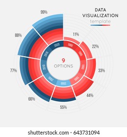 Vector circle chart infographic template for data visualization with 9 parts. 