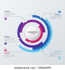 Vector circle chart infographic template for data visualization. 5 options, steps, parts.