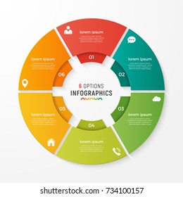 Vector circle chart infographic template for presentations, advertising, layouts, annual reports. 6 options, steps, parts.