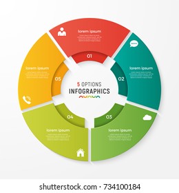 Vector circle chart infographic template for presentations, advertising, layouts, annual reports. 5 options, steps, parts.