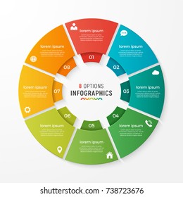 Vector circle chart infographic template for presentations, advertising, layouts, annual reports. 8 options, steps, parts.