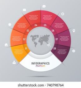 Vector circle chart infographic template for presentations, advertising, layouts, annual reports. 8 options, steps, parts.