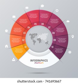 Vector circle chart infographic template for presentations, advertising, layouts, annual reports. 10 options, steps, parts.