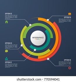 Vector circle chart infographic template for data visualization. 5 options, steps, parts.