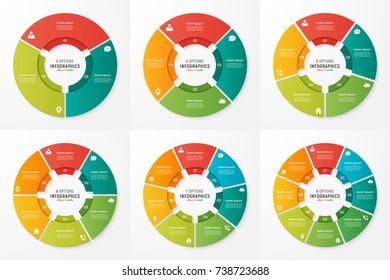 Vector circle chart infographic templates for presentations, advertising, layouts, annual reports. 3-8 options, steps, parts.