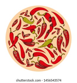 Vector circle with chili peppers vegetable hand drawn circle background with food