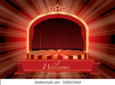 vector circle circus stage with bulb lamps and banner, entertainment and show business background
