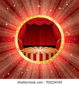 vector circle circus stage with bulb lamps and star burst in background