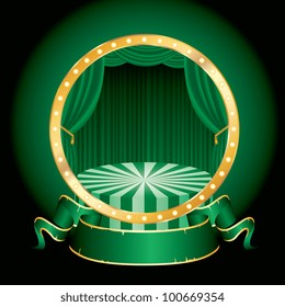 vector circle circus stage with green curtain and blank banner