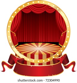 vector circle circus stage with red curtain and blank banner