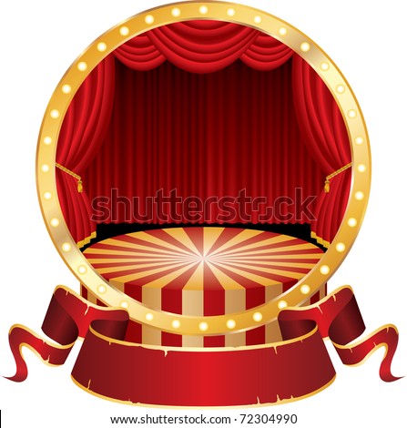 vector circle circus stage with red curtain and blank banner