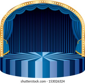 vector circle circus or theater stage with blue curtain