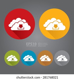 Vector : Circle Cloud Computing With Download Flat Long Shadow Style Icon, Label, Sticker, Sign or Banner