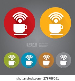 Vector : Circle Coffee Shop, Coffee Cup With Wifi Flat Long Shadow Style Icon, Label, Sticker, Sign or Banner