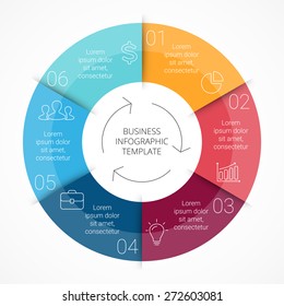 Vector circle color infographic. Template for cycle diagram, graph, presentation and round chart. Business concept with 6 equal options, parts, steps or processes. Linear graphic.