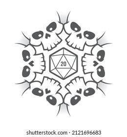 Vector circle composed of skulls in the middle of the symbol of 20 sided dice. Board games. Isolated on white background.