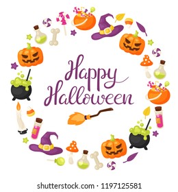 Vector circle composition with Halloween design elements in cartoon style. Printed material for design brochures, flyers, banners, cards, and posters.