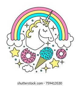 Vector circle composition with unicorn, rainbow, clouds, stars, ice cream, donuts. Cartoon style cute character