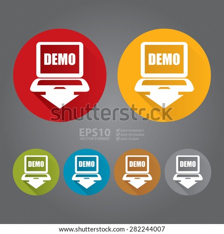 Vector : Circle Computer Laptop With Demo Text on Screen Monitor Flat Long Shadow Style Icon, Label, Sticker, Sign or Banner