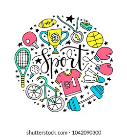 Vector circle concept with lettering Sport in the middle and sports gear around it.