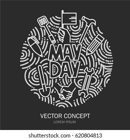 Vector circle concept for May Day. Labor Day line icons on black background.