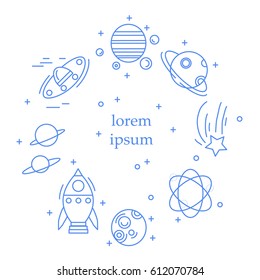 Vector circle concept with space icons in line style. Planets, UFO's, comet, rocket, cosmos.